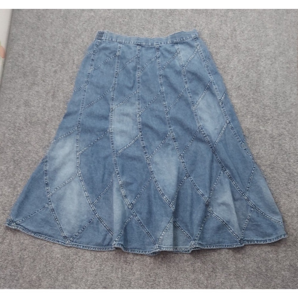Vtg Studio West Denim Skirt Womens XL Blue Diamond‎ Patchwork Fit Flare Modesty